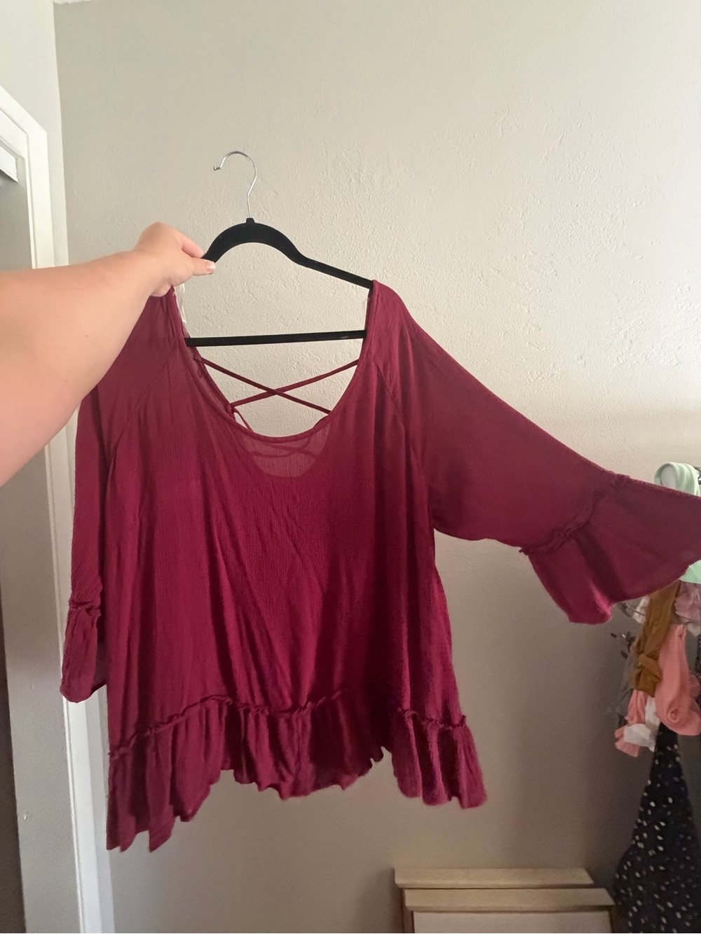 NWT Women’s Burgundy Crisscross Back Flared Peasant Tunic